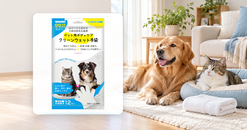 ペット用ボディケア クリーンウェット手袋のパッケージと犬猫のイメージ