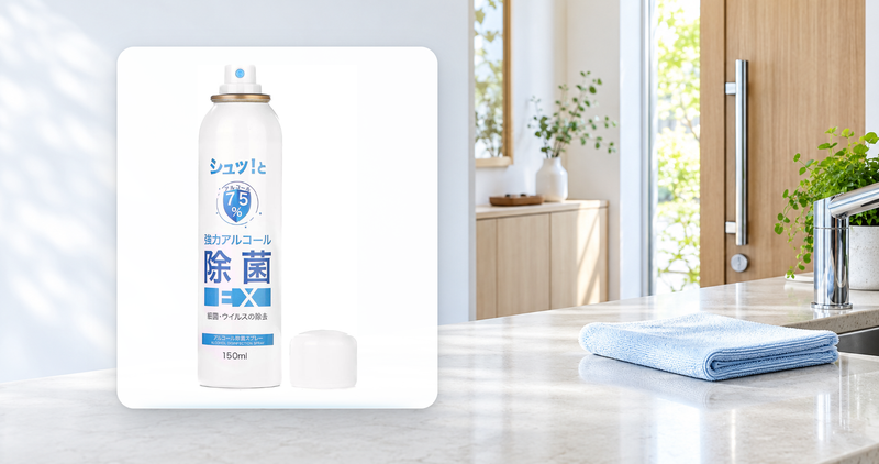 明るい水回りで、アルコール除菌スプレーEXと清潔なクロスを並べたイメージ