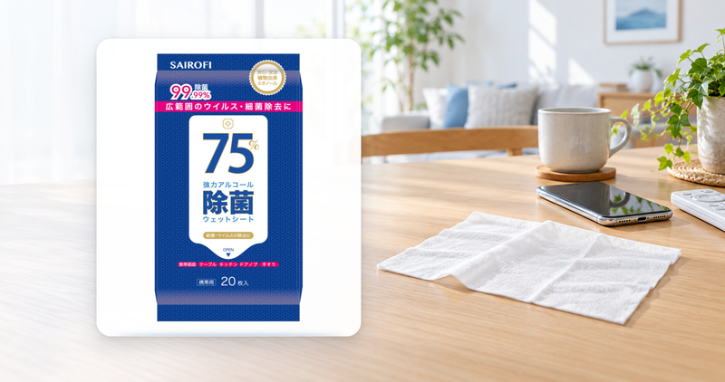 アルコール除菌ウェットシートEXのパッケージと身の回り品を清拭するイメージ