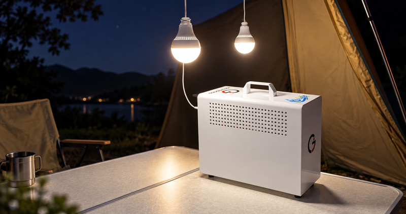 キャンプ場で照明に電力を供給するH2 PowerBox miniの利用イメージ