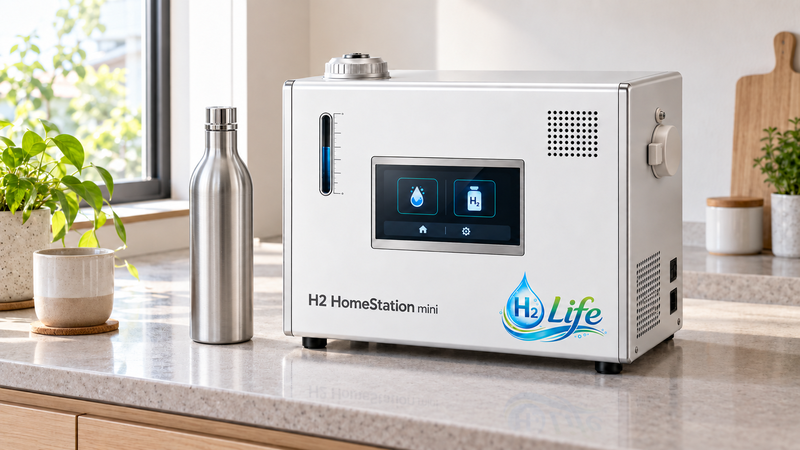 明るい室内に設置されたH2 HomeStation miniと金属色の水素吸蔵合金カートリッジ
