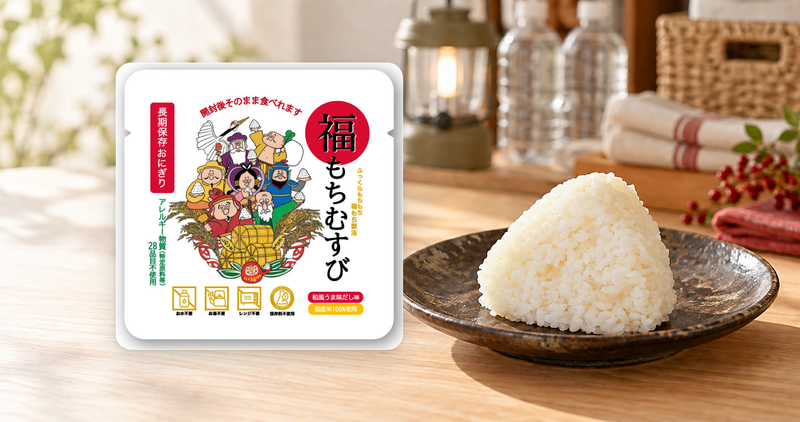 備蓄用品を配した室内で、福もちむすびのパッケージと皿に盛ったおにぎりを並べたイメージ