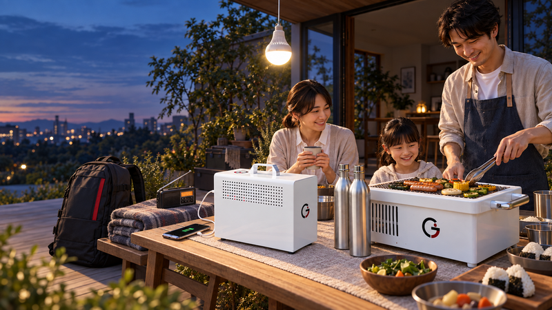 停電時の在宅避難で、水素電源から照明とスマートフォンへ給電し、水素グリルで調理するイメージ