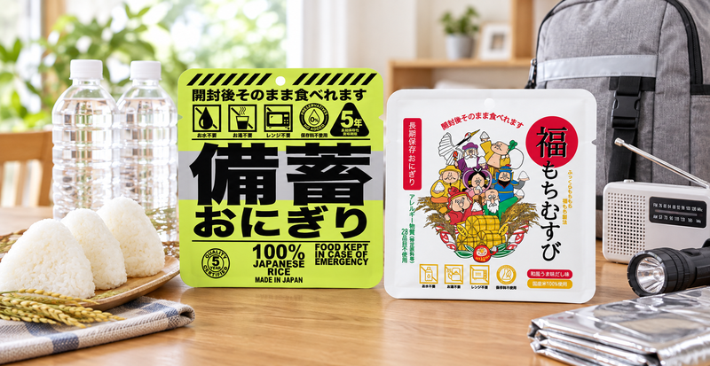 備蓄おにぎりと防災・備蓄用品のイメージ