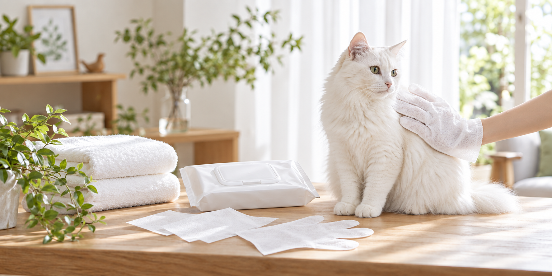 手袋型のペット用シートで猫を拭く様子と衛生用品を配したイメージ
