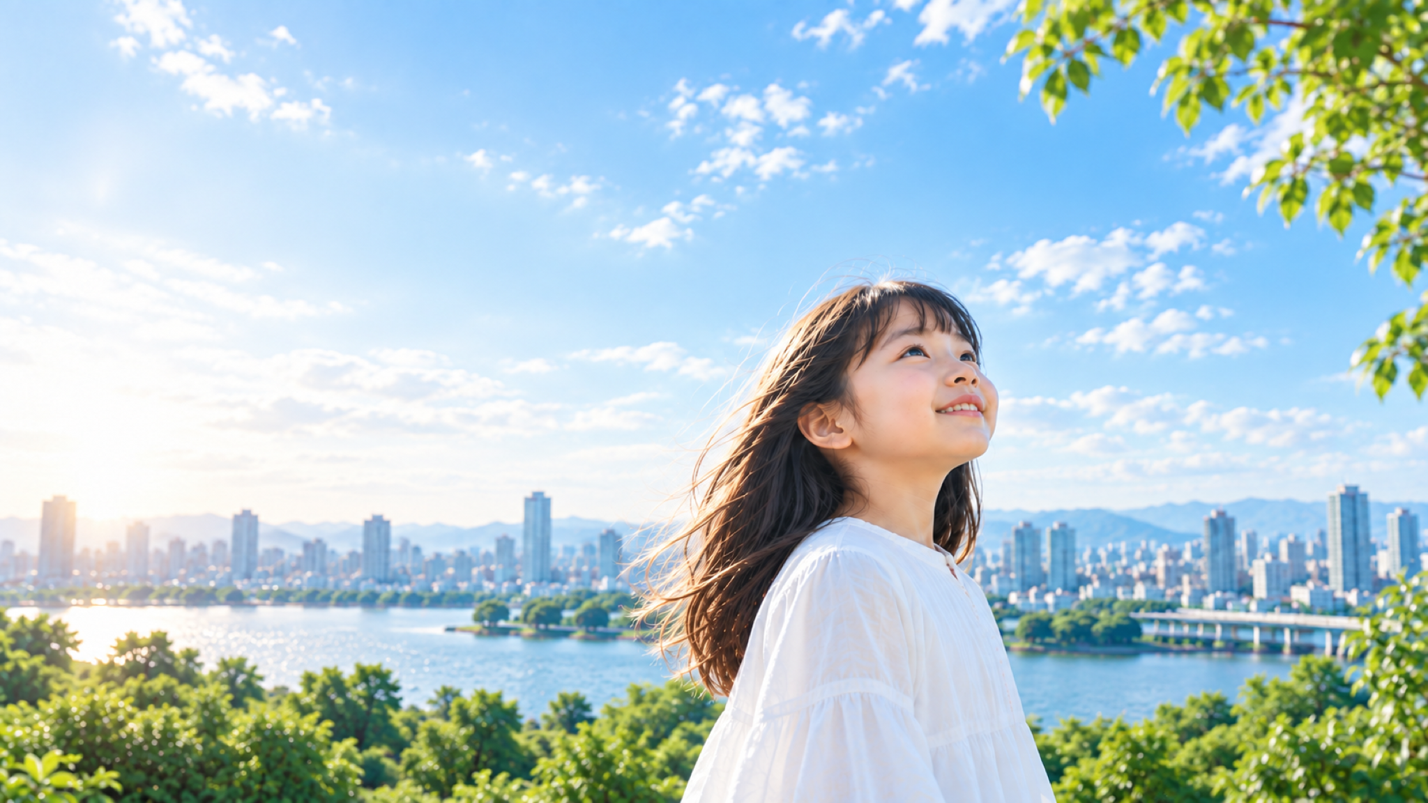 青空と水辺の街を背景に、未来を見上げる子どもを描いたイメージ