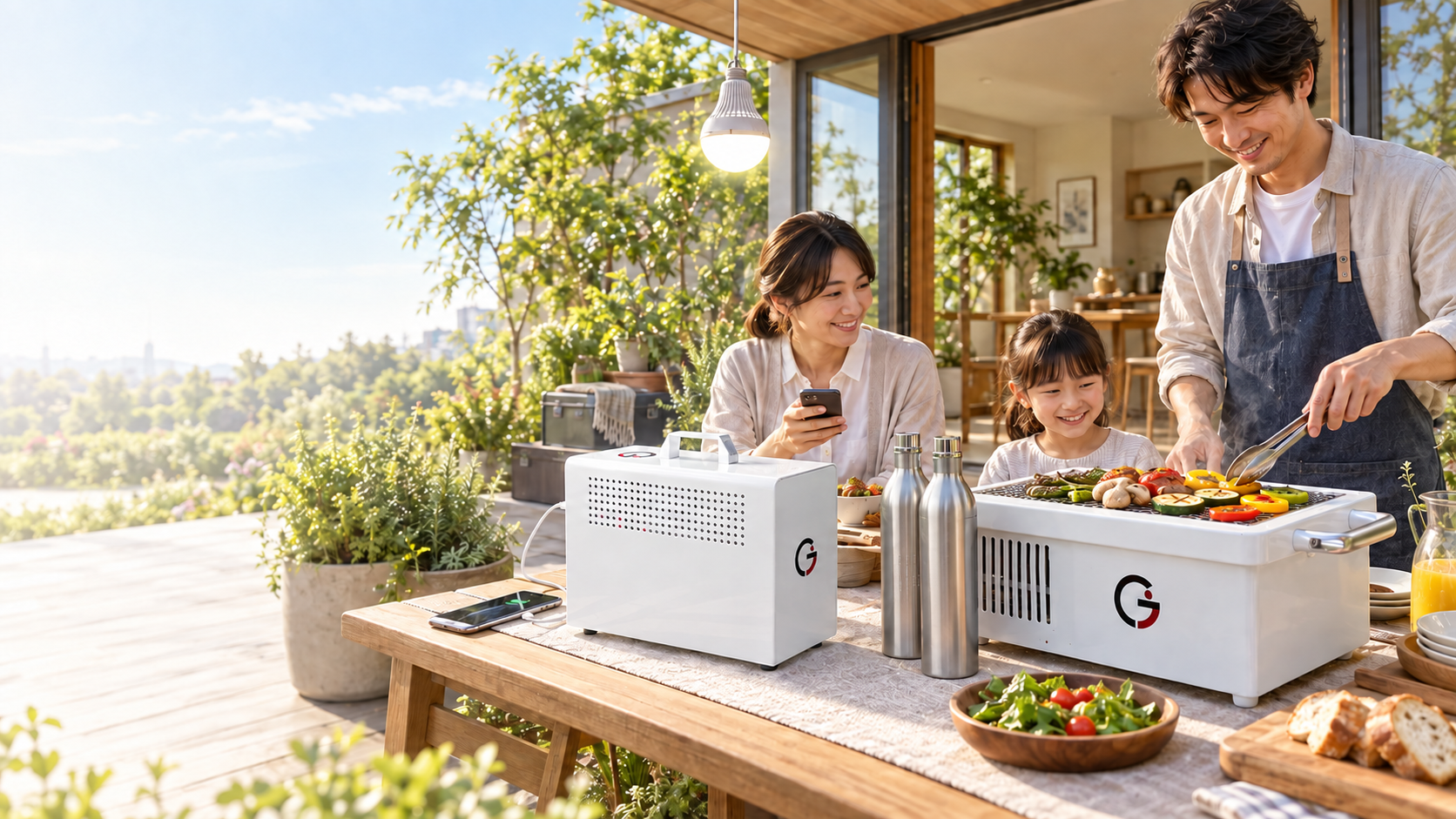 緑の多いテラスで家族が水素電源と水素グリルを使う、暮らしと備えのイメージ
