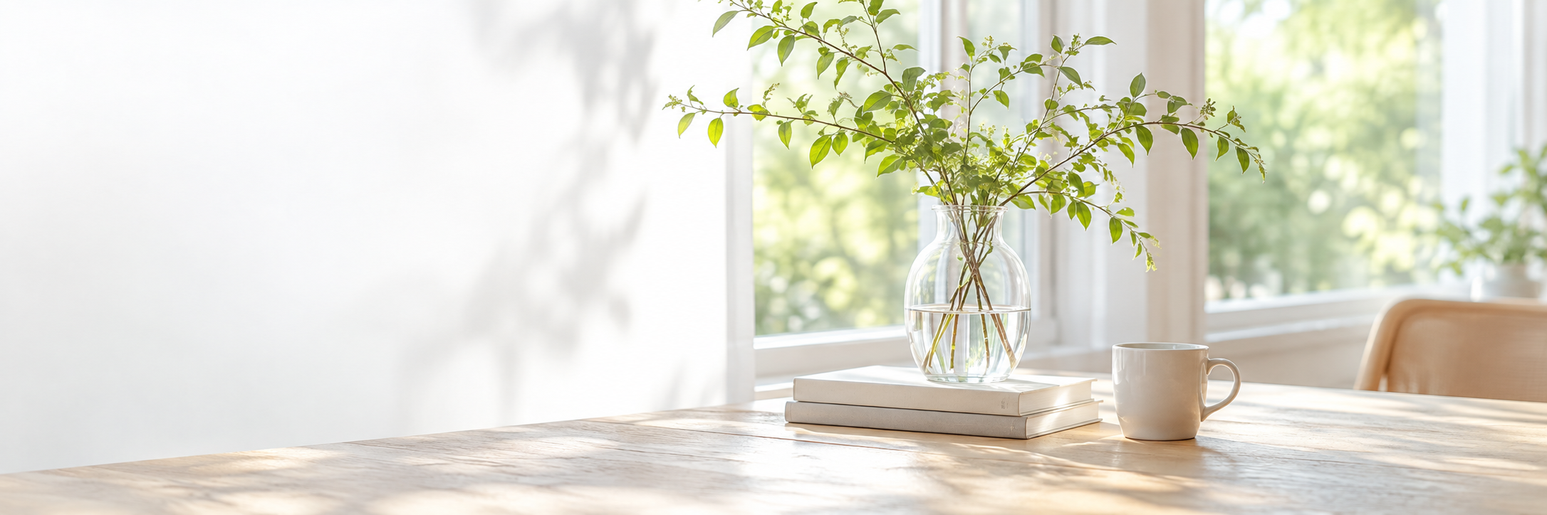 自然光の机と植物を配した情景