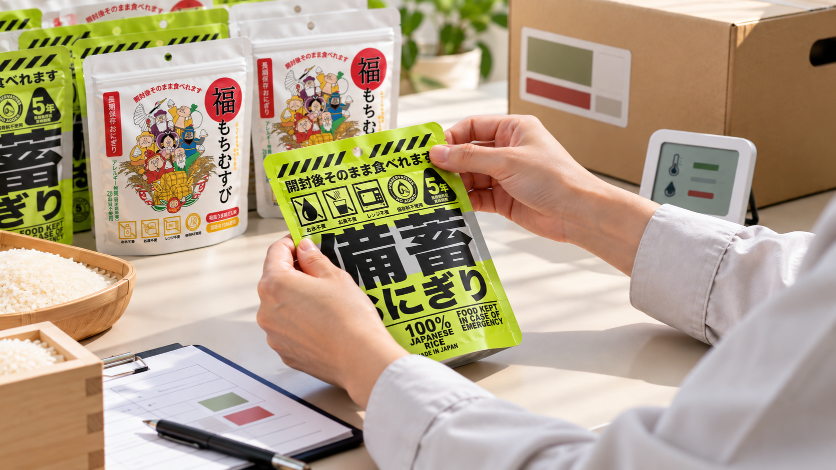 備蓄おにぎりと福もちむすびの実物パッケージを検品するイメージ