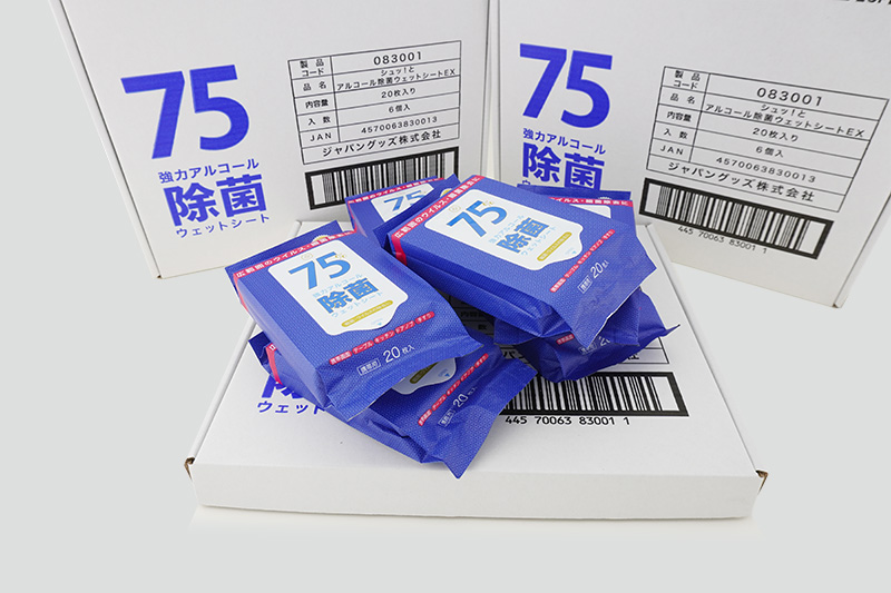 Actual photo of a pack of Alcohol Sanitizing Wet Wipes EX beside a bulk-purchase box