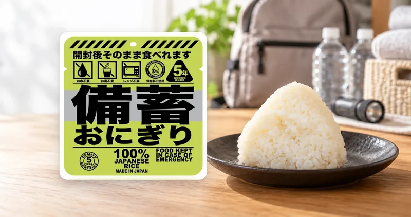 Usage illustration combining Stockpile Onigiri packaging with an emergency backpack, drinking water, and flashlight
