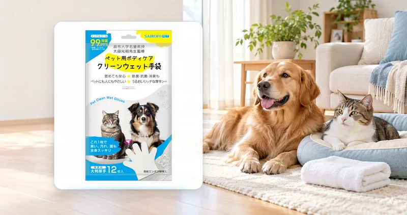 クリーンウェット手袋のパッケージと犬猫を室内に配置した防災・日常利用のイメージ