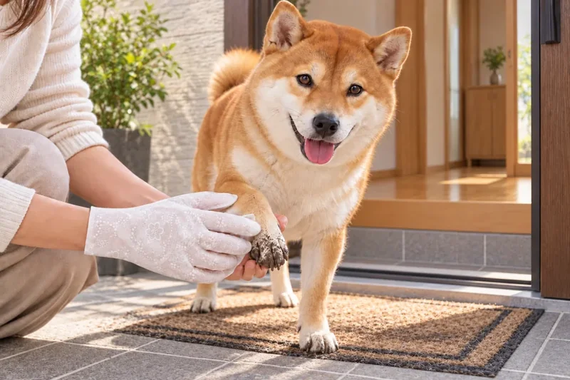 散歩後の柴犬の足をウェット手袋で拭く使用イメージ