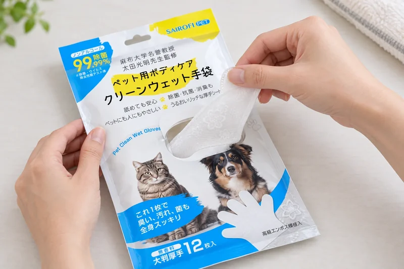 ふたシールを開け、ウェット手袋を1枚取り出す使用イメージ