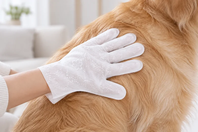 5本指のウェット手袋で犬の身体をやさしく拭く使用イメージ