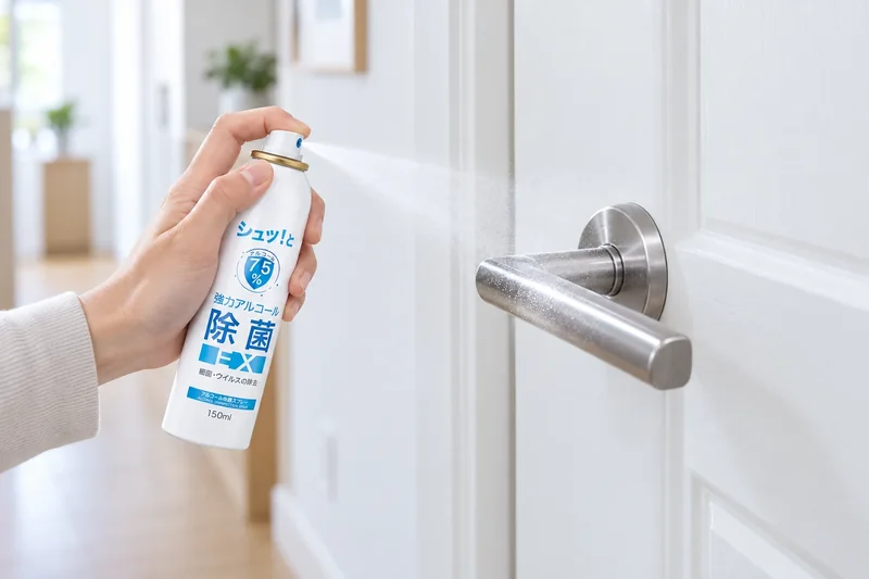 Usage illustration of fine mist from Alcohol Sanitizing Spray EX being sprayed onto a doorknob