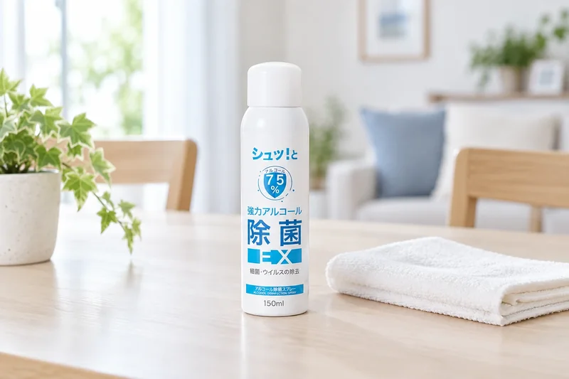 Usage illustration of a capped Alcohol Sanitizing Spray EX can kept on a bright table