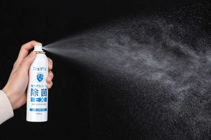 Illustration of a hand naturally spraying the fine mist from Alcohol Sanitizing Spray EX