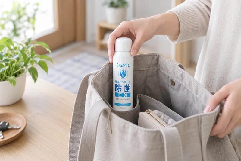 Usage illustration of a capped Alcohol Sanitizing Spray EX can being placed in a bag's inner pocket