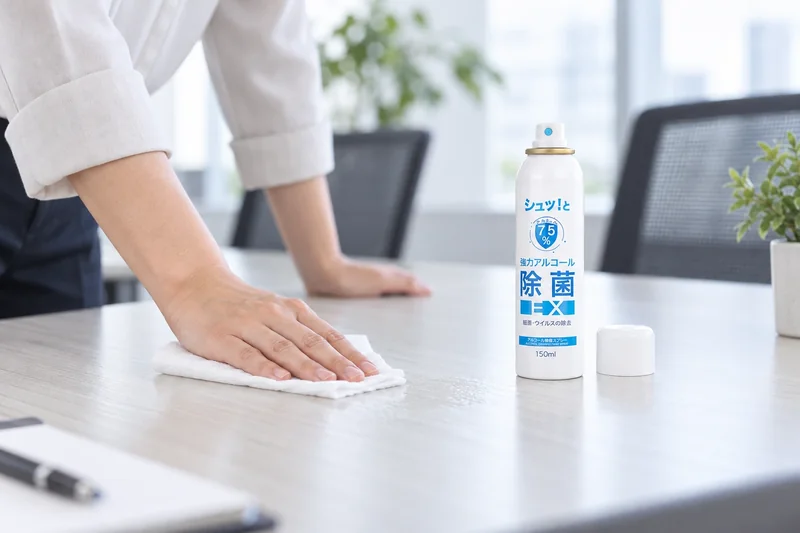 Usage illustration of a meeting table being wiped with Alcohol Sanitizing Spray EX and a cloth