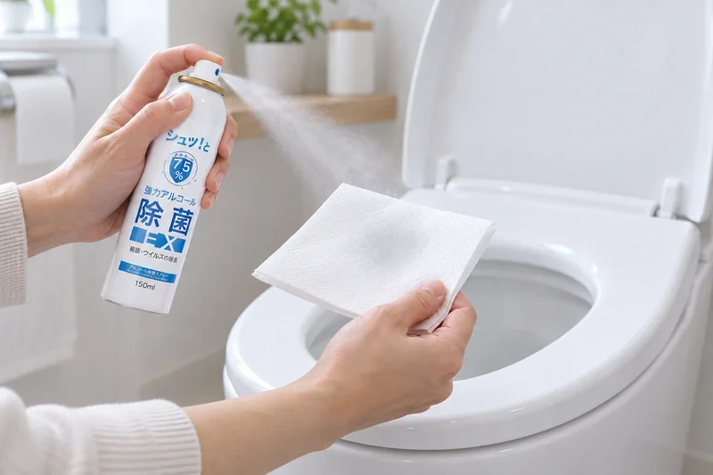 Usage illustration of Alcohol Sanitizing Spray EX being sprayed onto paper to wipe a toilet seat