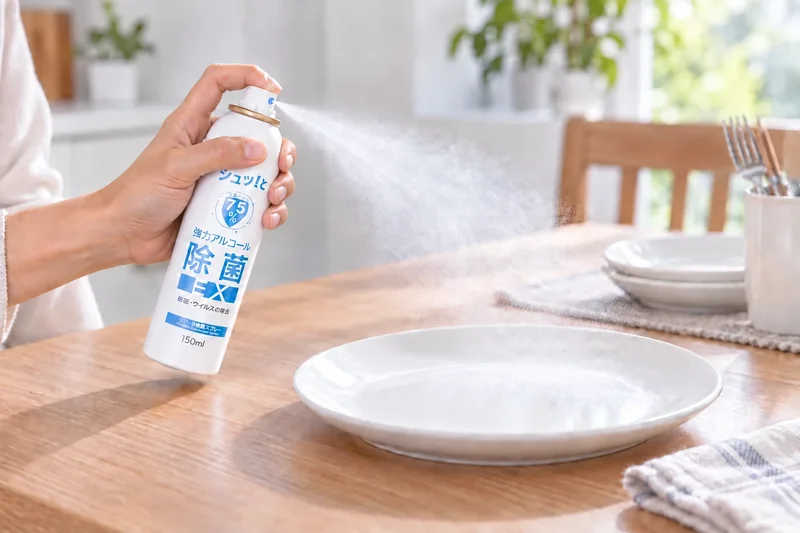 Usage illustration of Alcohol Sanitizing Spray EX being sprayed onto tableware