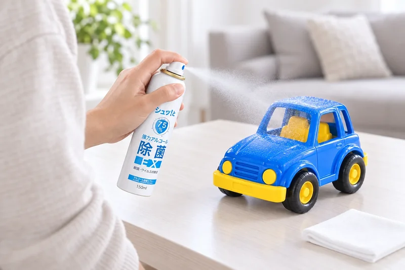 Usage illustration of Alcohol Sanitizing Spray EX being naturally sprayed toward a toy in front of the user