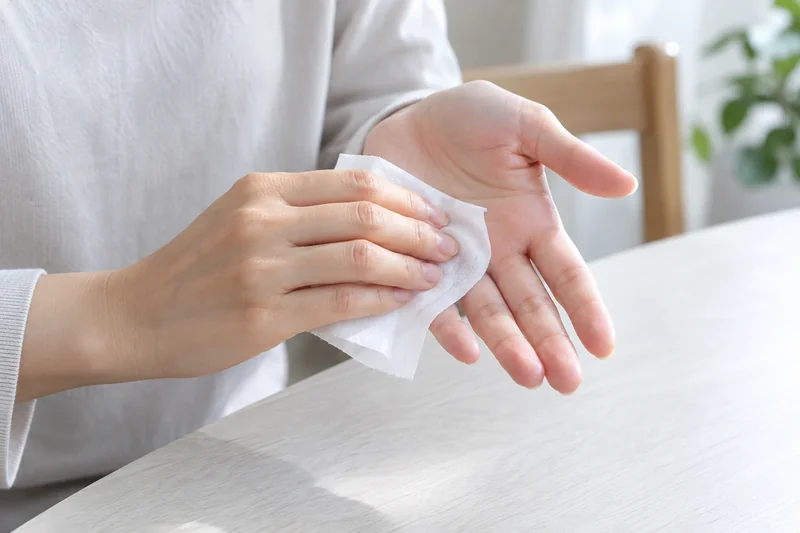 Usage illustration of dirt being wiped from a palm with a white wet wipe