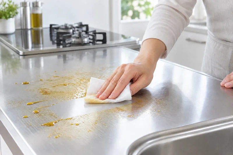 Usage illustration in a kitchen with no flame, showing remaining grease and a clean wiped area