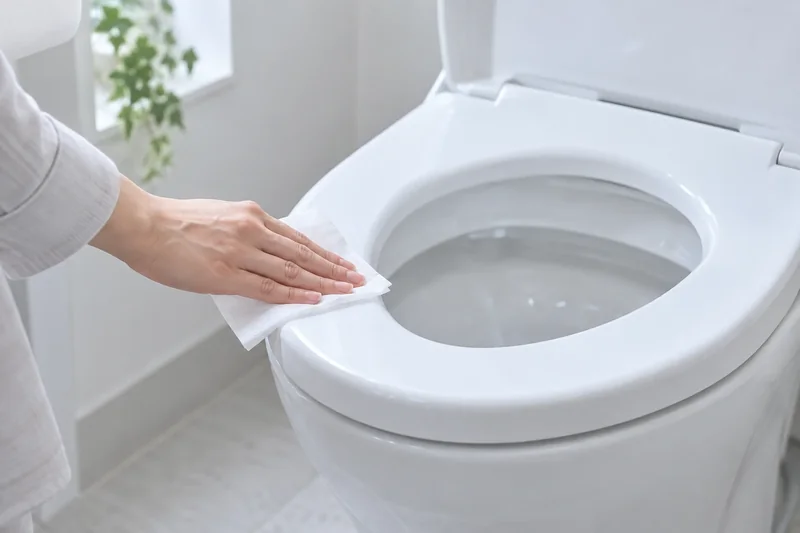 Usage illustration of a toilet seat being wiped with a white wet wipe